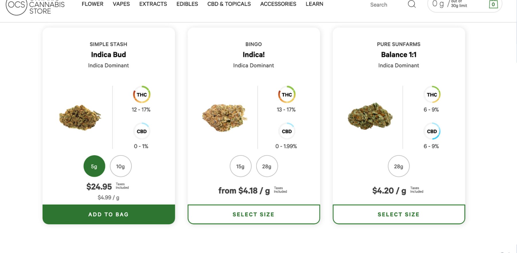 Live Ontario Cannabis Store product listing page showing the redesigned cards in production